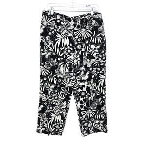 Chico's Cropped Pant Womens Sz 2 US L Linen Blend Black White Floral Print *FLAW